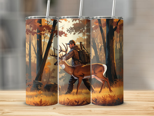 Hunter in Autumn Forest and Deer Design Tumbler