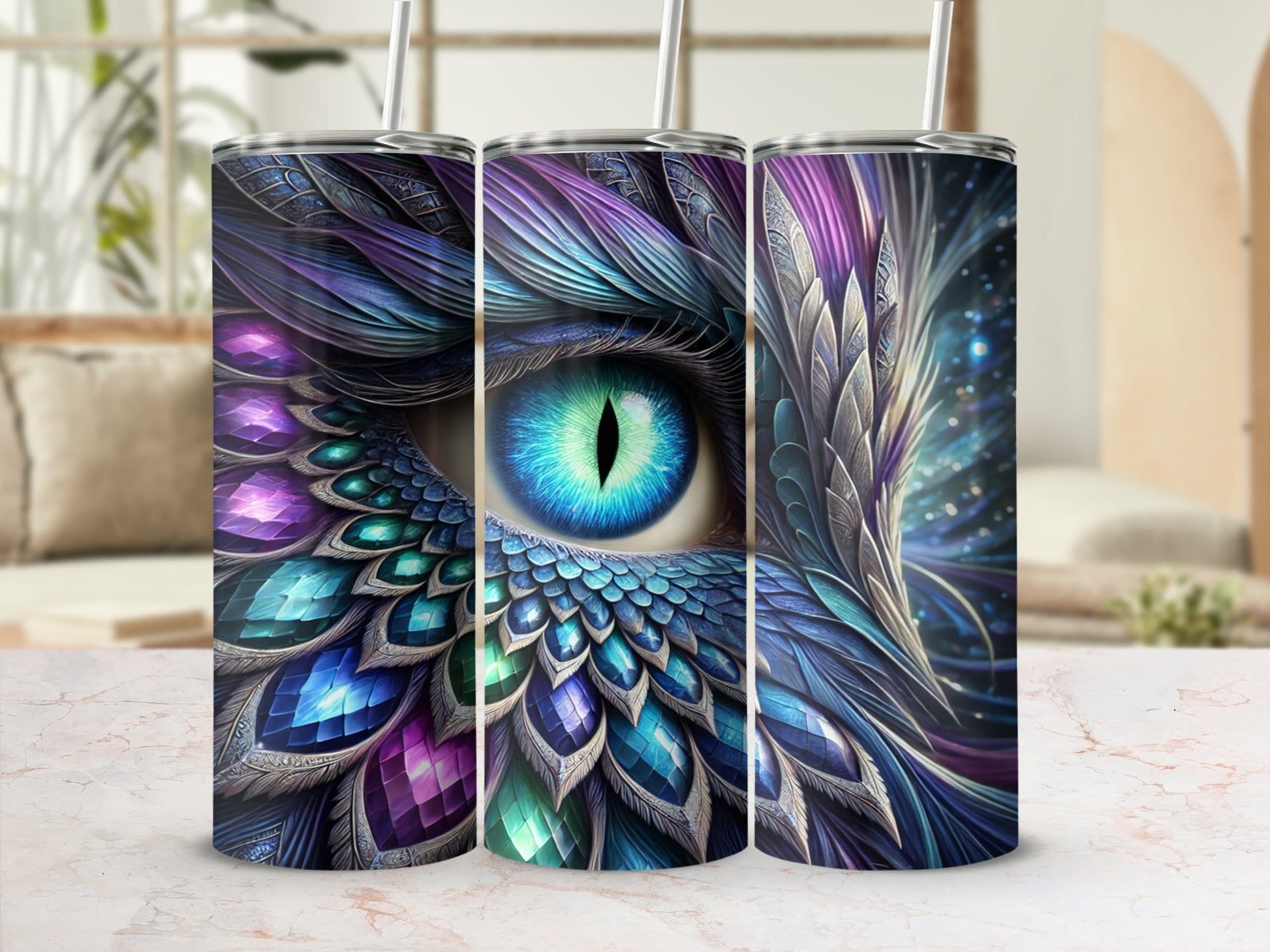 Colorful Eye with Feather Design Tumbler Cup
