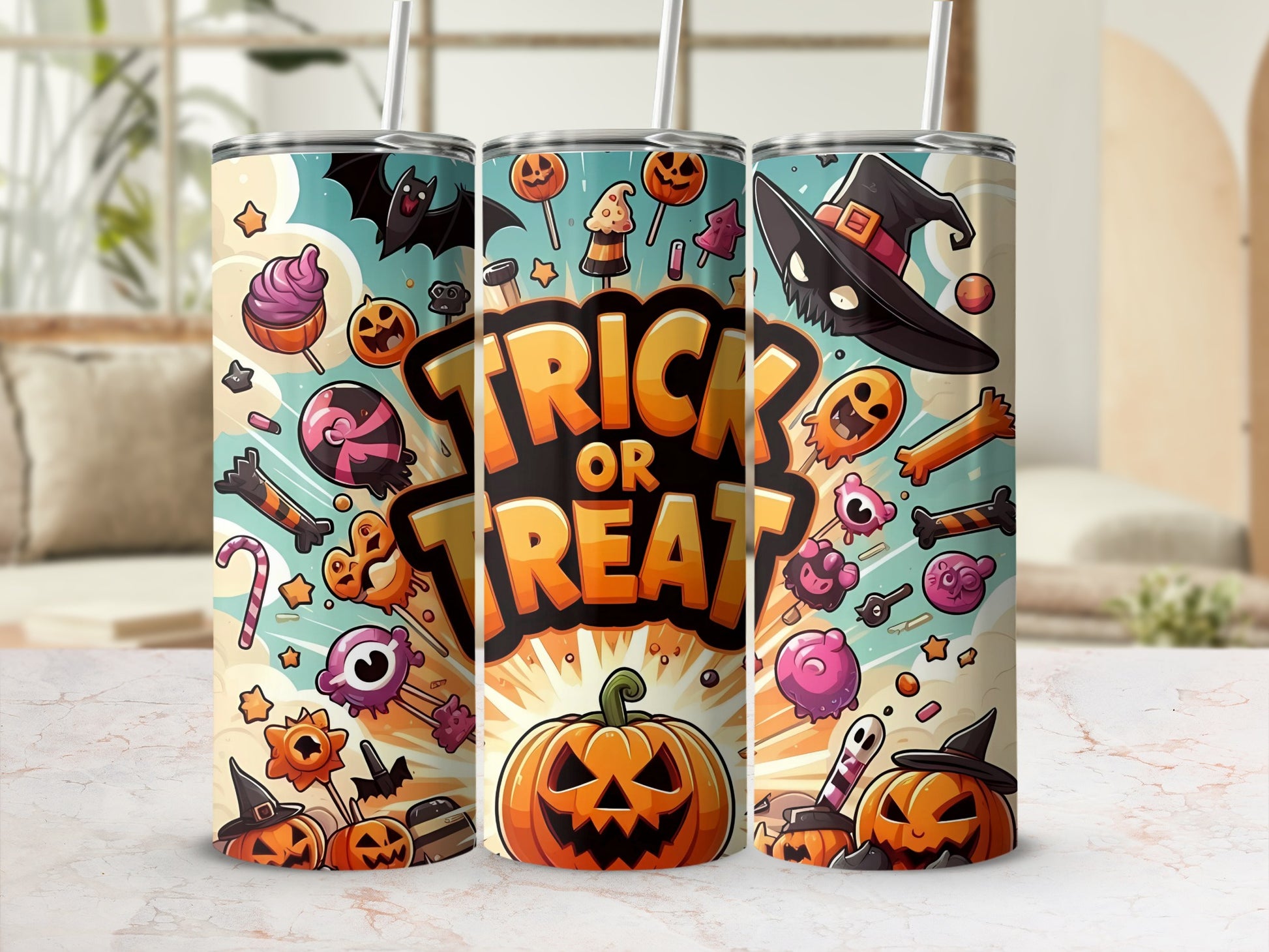 Three tumblers with a Halloween "Trick or Treat" theme featuring pumpkins, bats, and candy.
