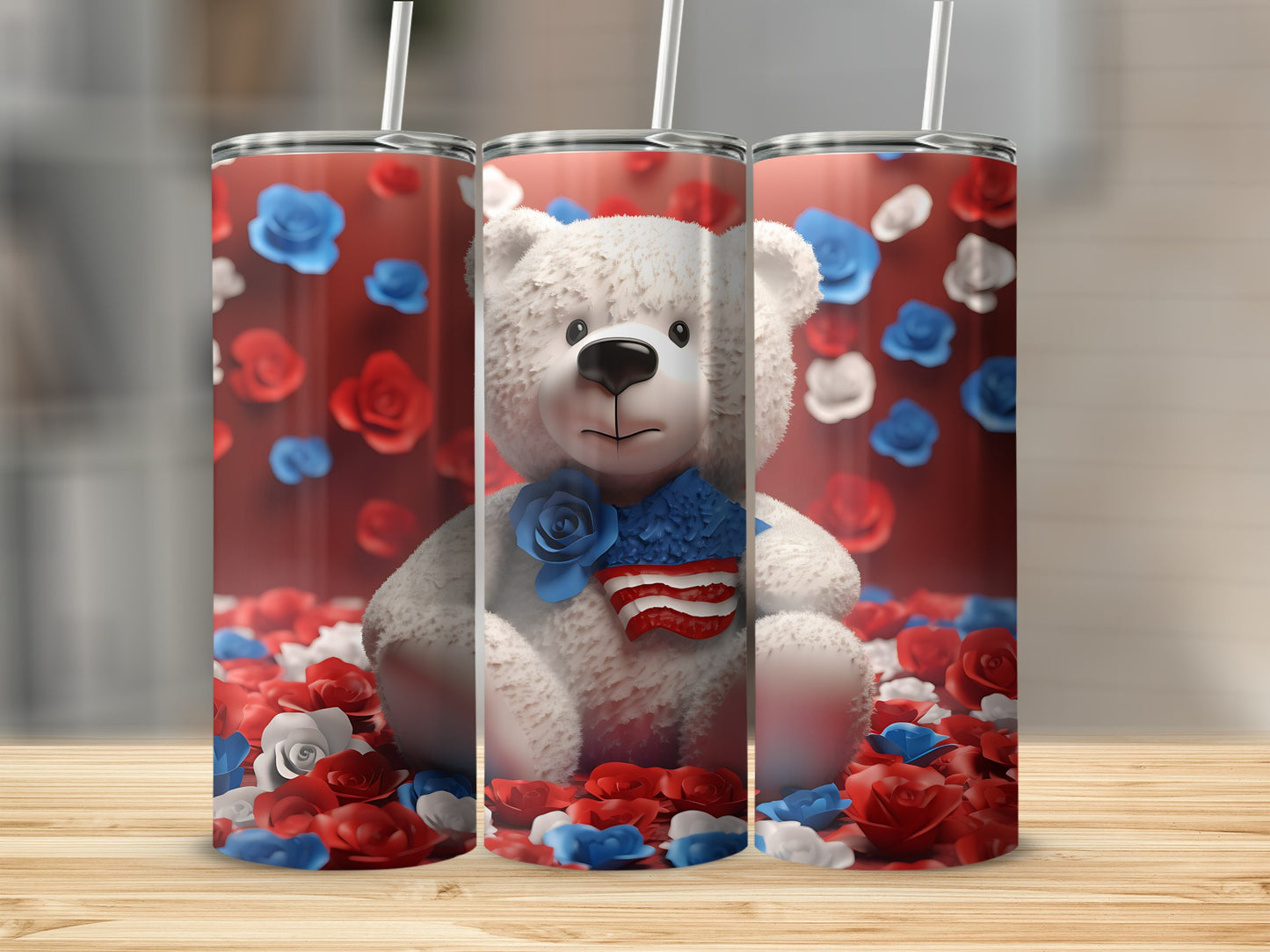 White teddy bear with American flag bow surrounded by red and blue roses.