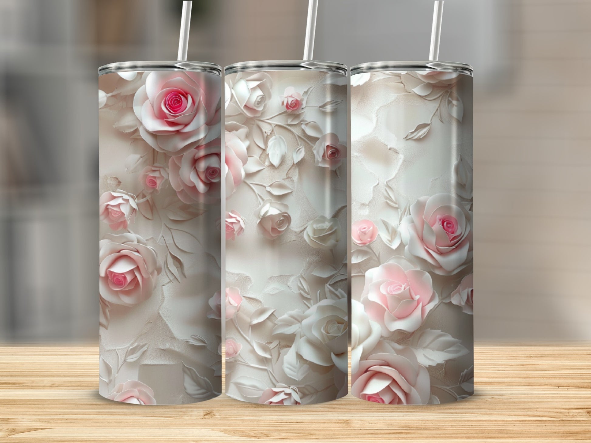 3D pink and white roses on a textured tumbler.
