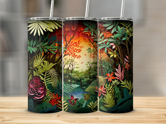 Three tumblers with a vibrant jungle sunset scene.