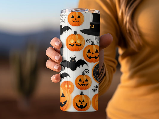 Halloween Themed Tumbler with Pumpkin and Bat Design
