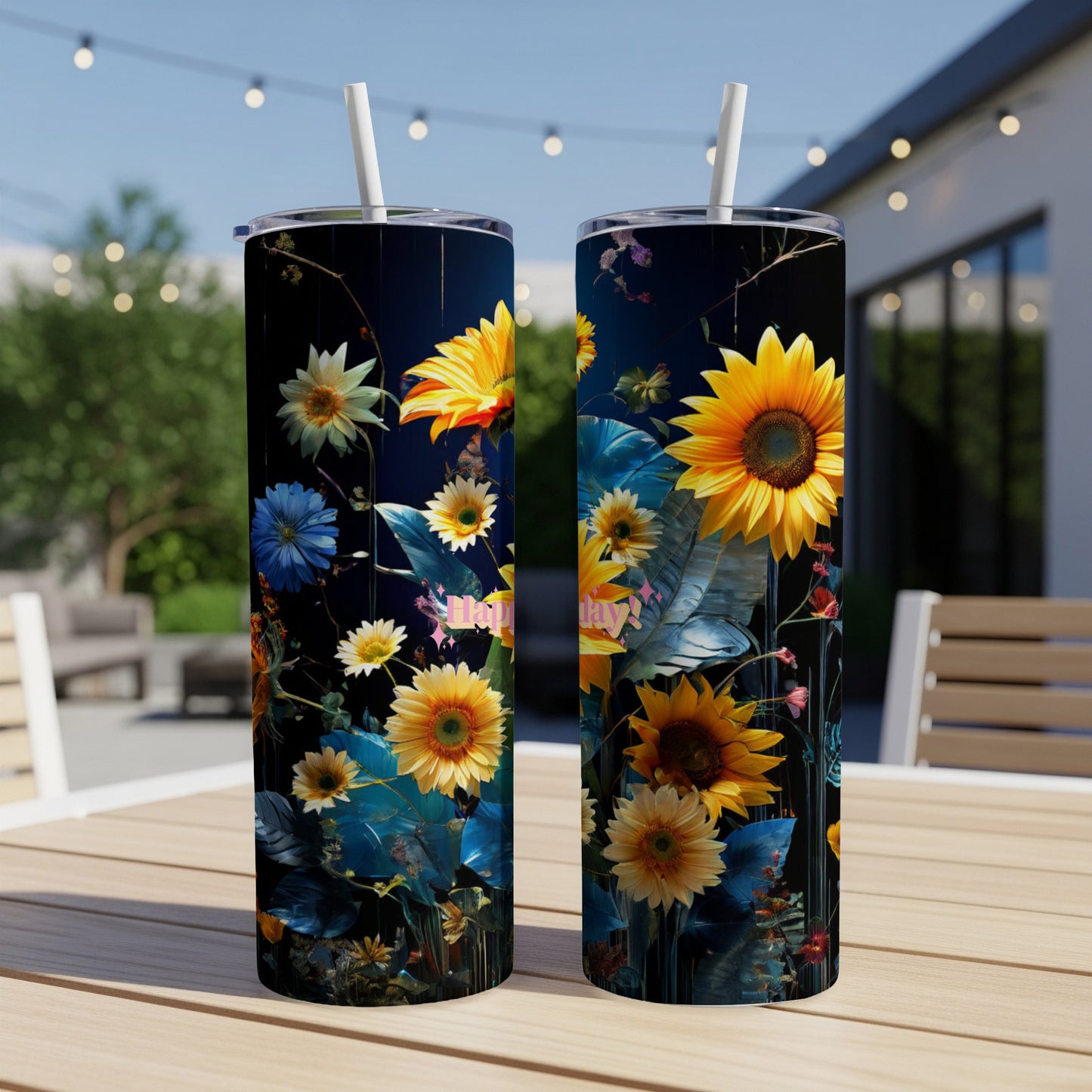 Two tumblers with a vibrant floral pattern featuring sunflowers and blue flowers.