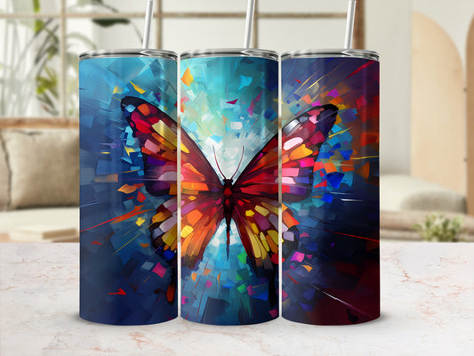 Abstract butterfly art on three tumblers with straws.