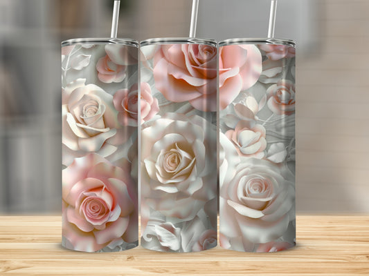 Three tall tumblers with a 3D rose floral pattern.