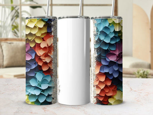Three tumblers displayed, one blank, two with floral patterns.