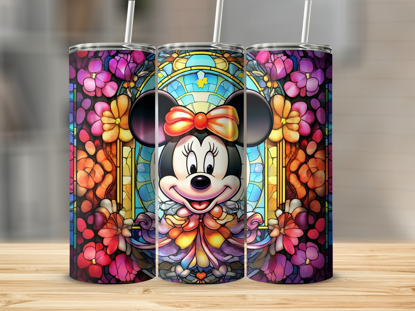Colorful Floral Stained Glass Minnie Mouse Tumbler