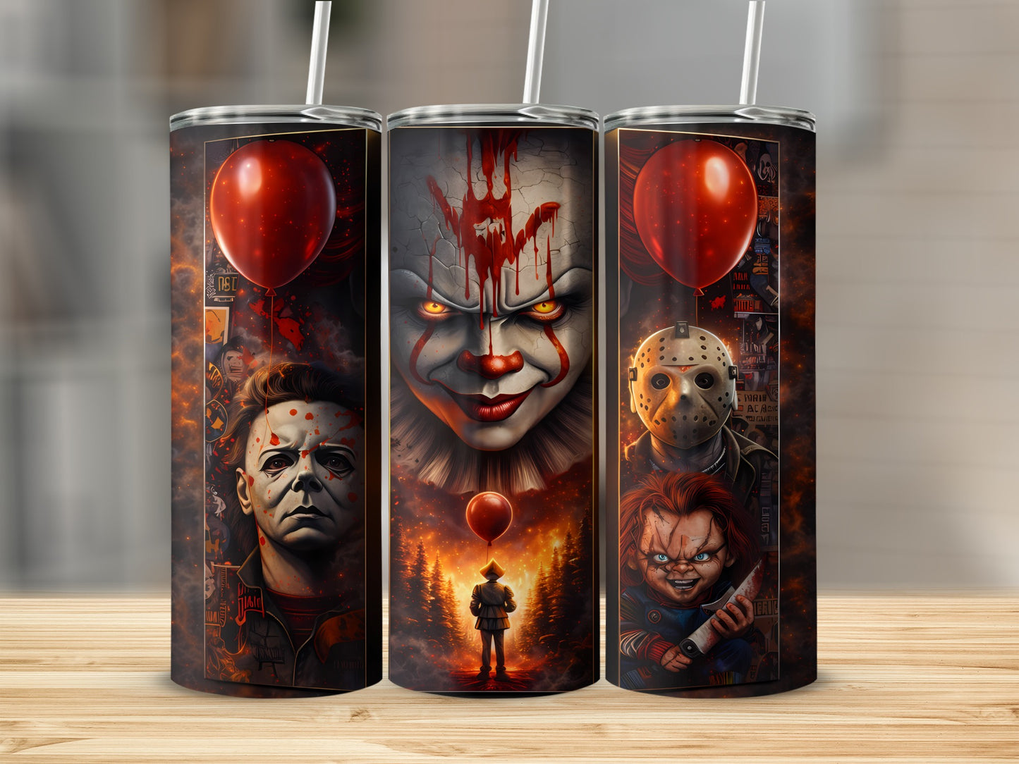 Horror characters Pennywise, Michael Myers, Jason Voorhees, and Chucky on tumblers.