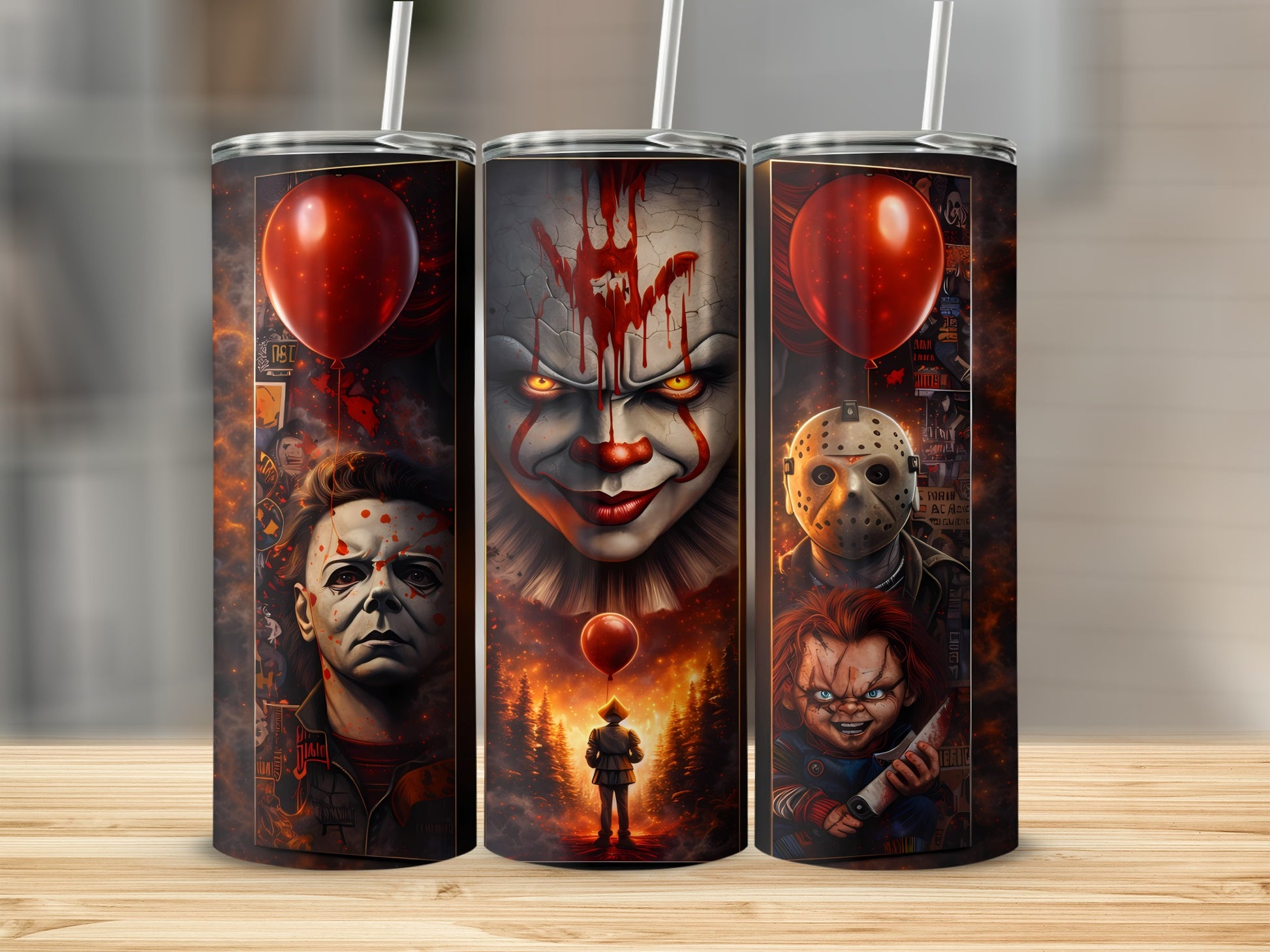 Horror characters Pennywise, Michael Myers, Jason Voorhees, and Chucky on tumblers.