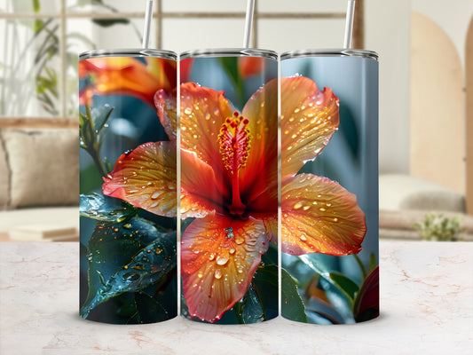 Three tumblers featuring a close-up of a wet, orange hibiscus flower.
