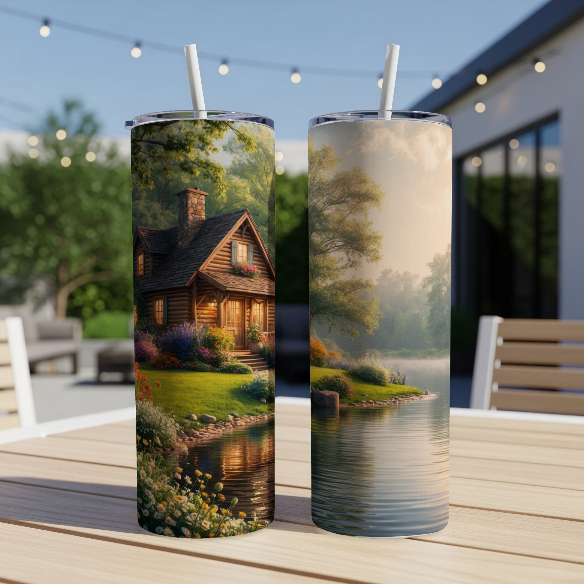Two tumblers displaying a cozy cabin scene and a serene lakeside landscape.