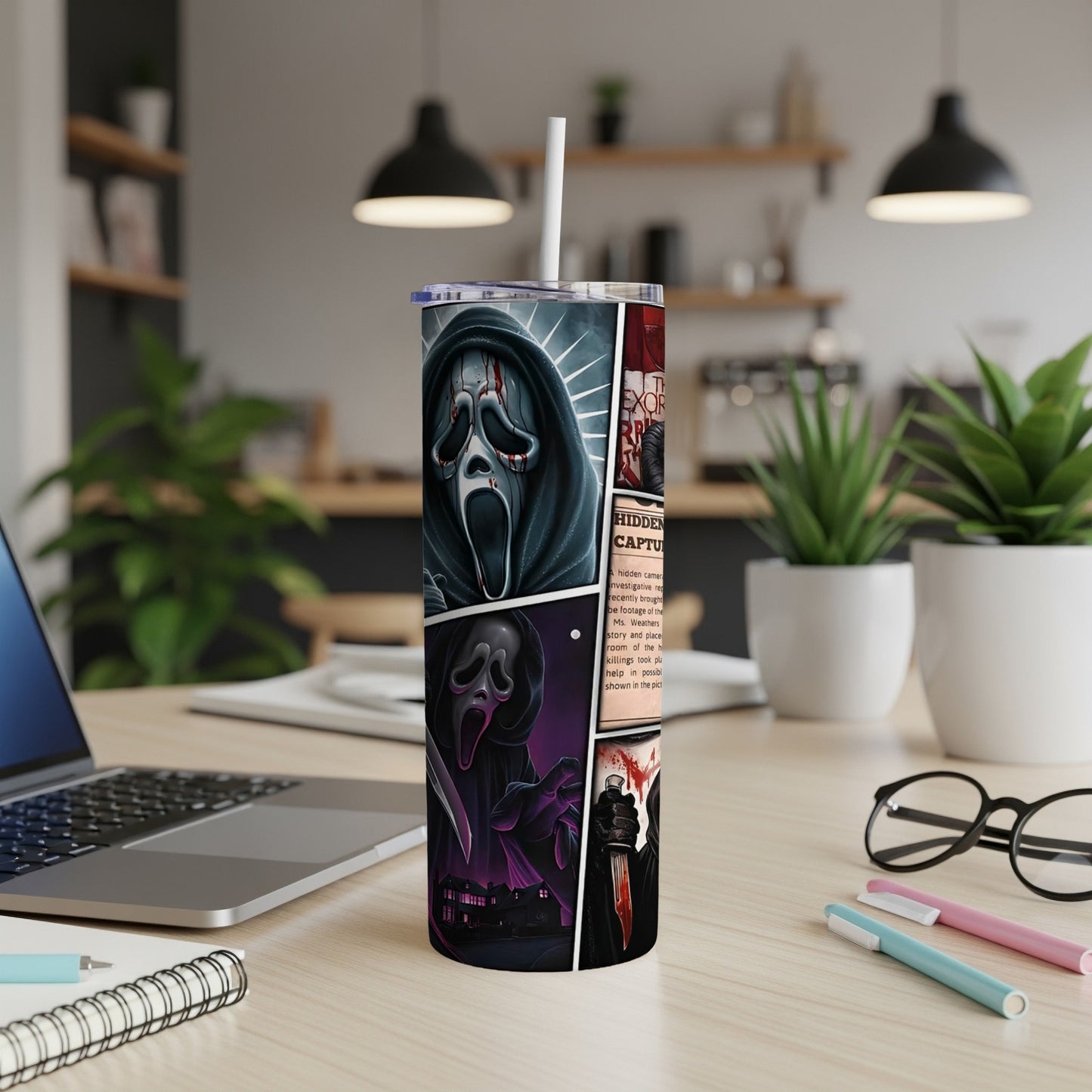 Tumbler with comic panels featuring Ghostface, a knife, and a house.