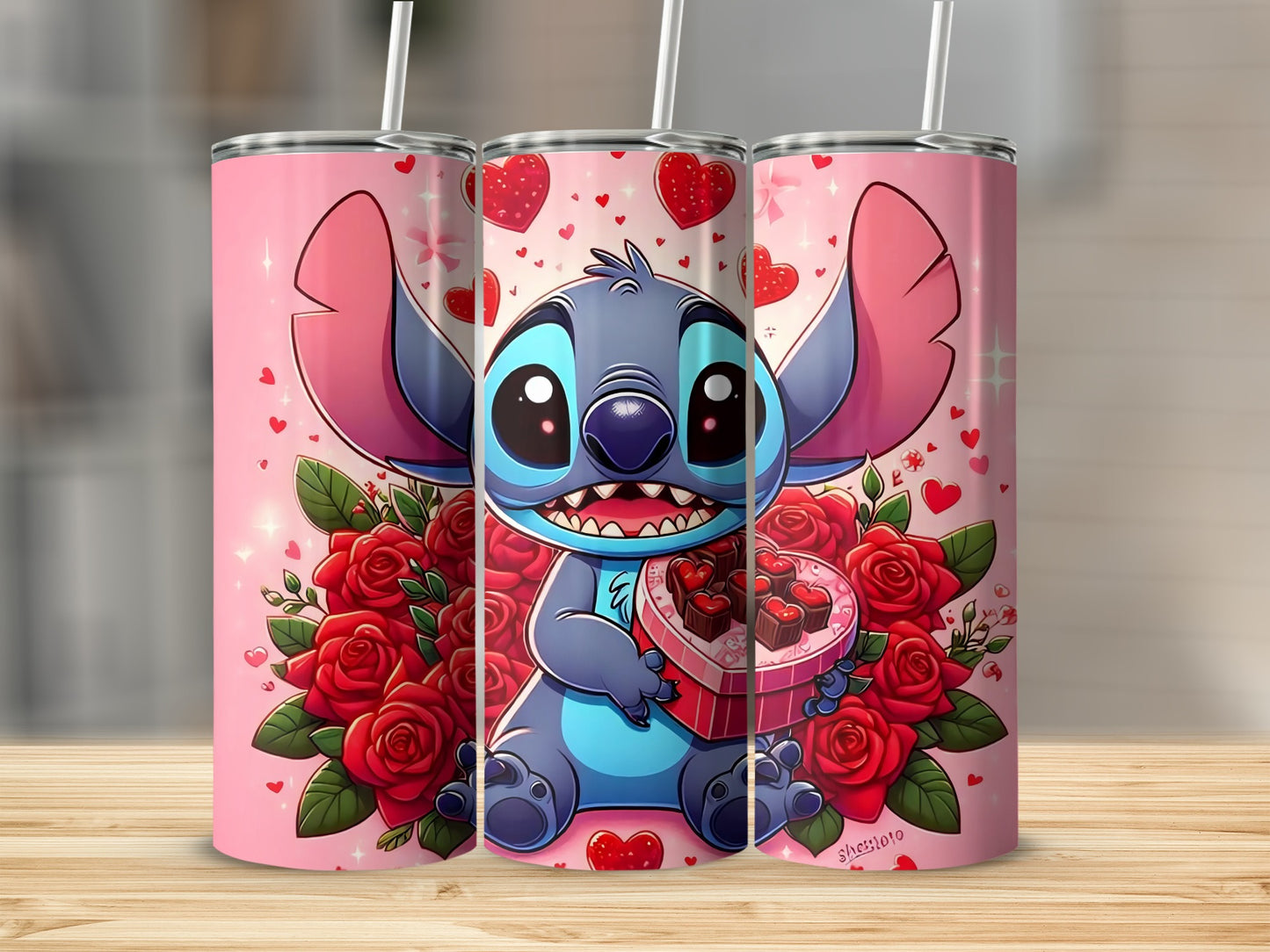 Cute Blue Cartoon Character with Roses Travel Tumbler