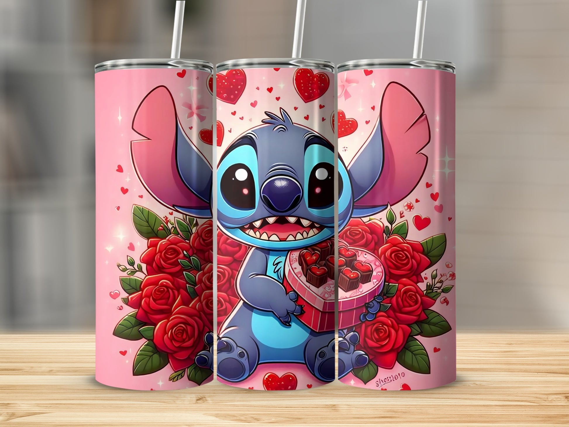 Cute Blue Cartoon Character with Roses Travel Tumbler