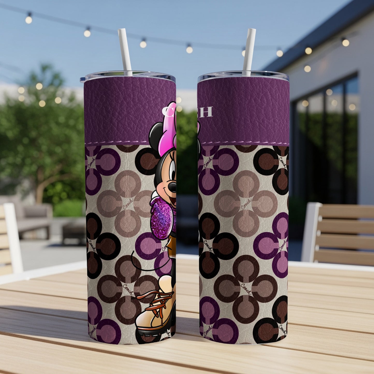 Two tumblers with Minnie Mouse design and purple textured top.