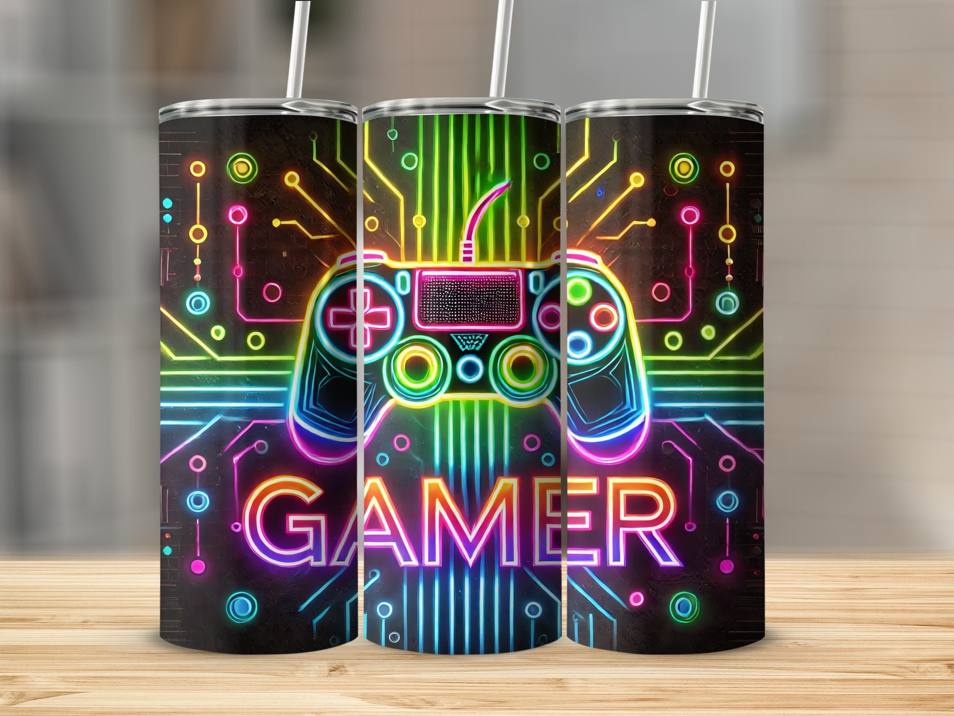Gamer text with neon circuit board pattern on three tumblers.