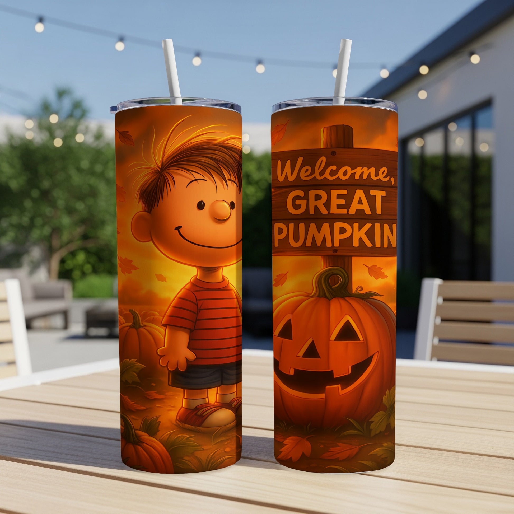 Two tumblers with Peanuts characters and pumpkins, one reads "Welcome, Great Pumpkin."