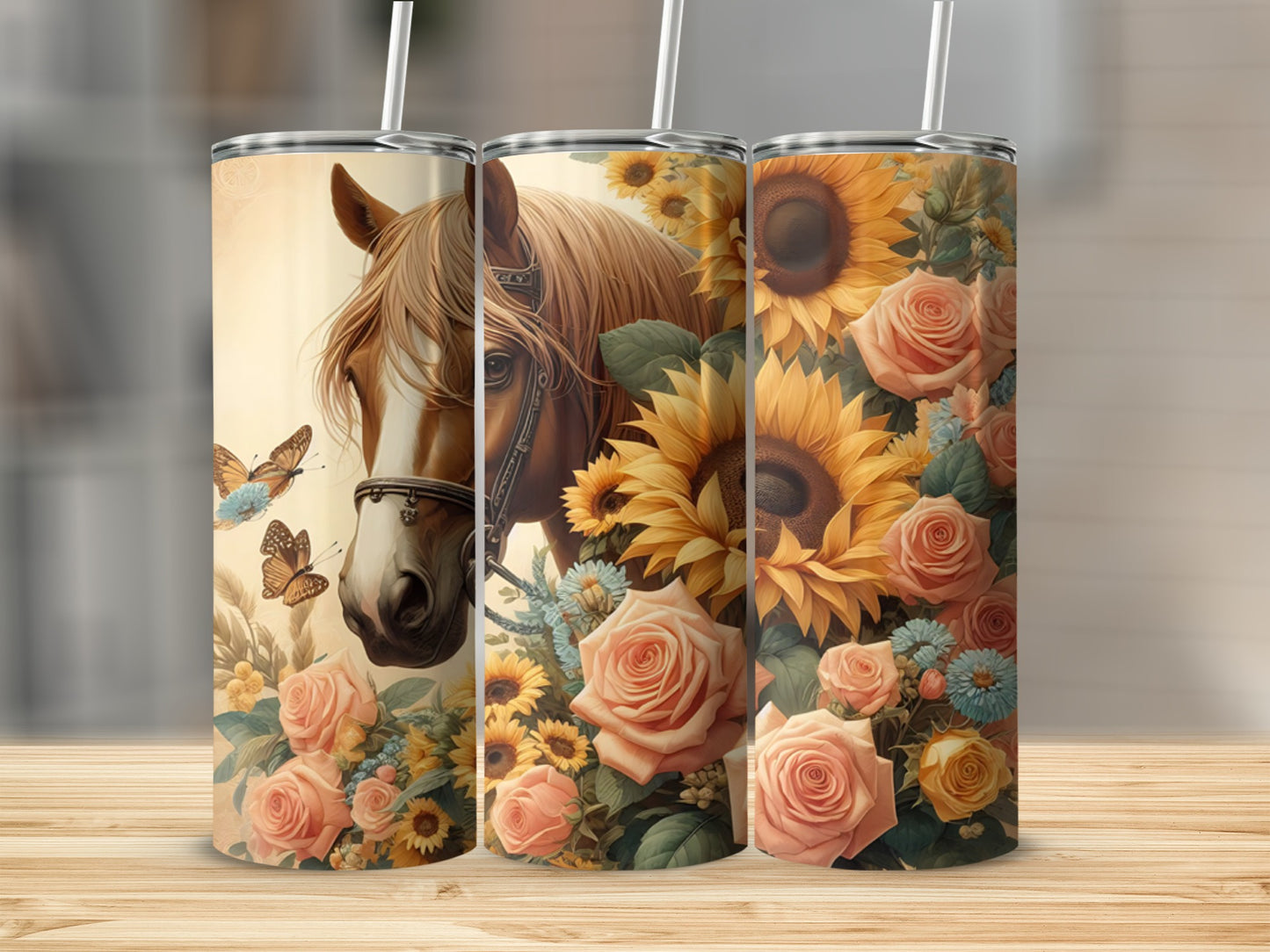 Horse head and sunflowers on a floral patterned tumbler.