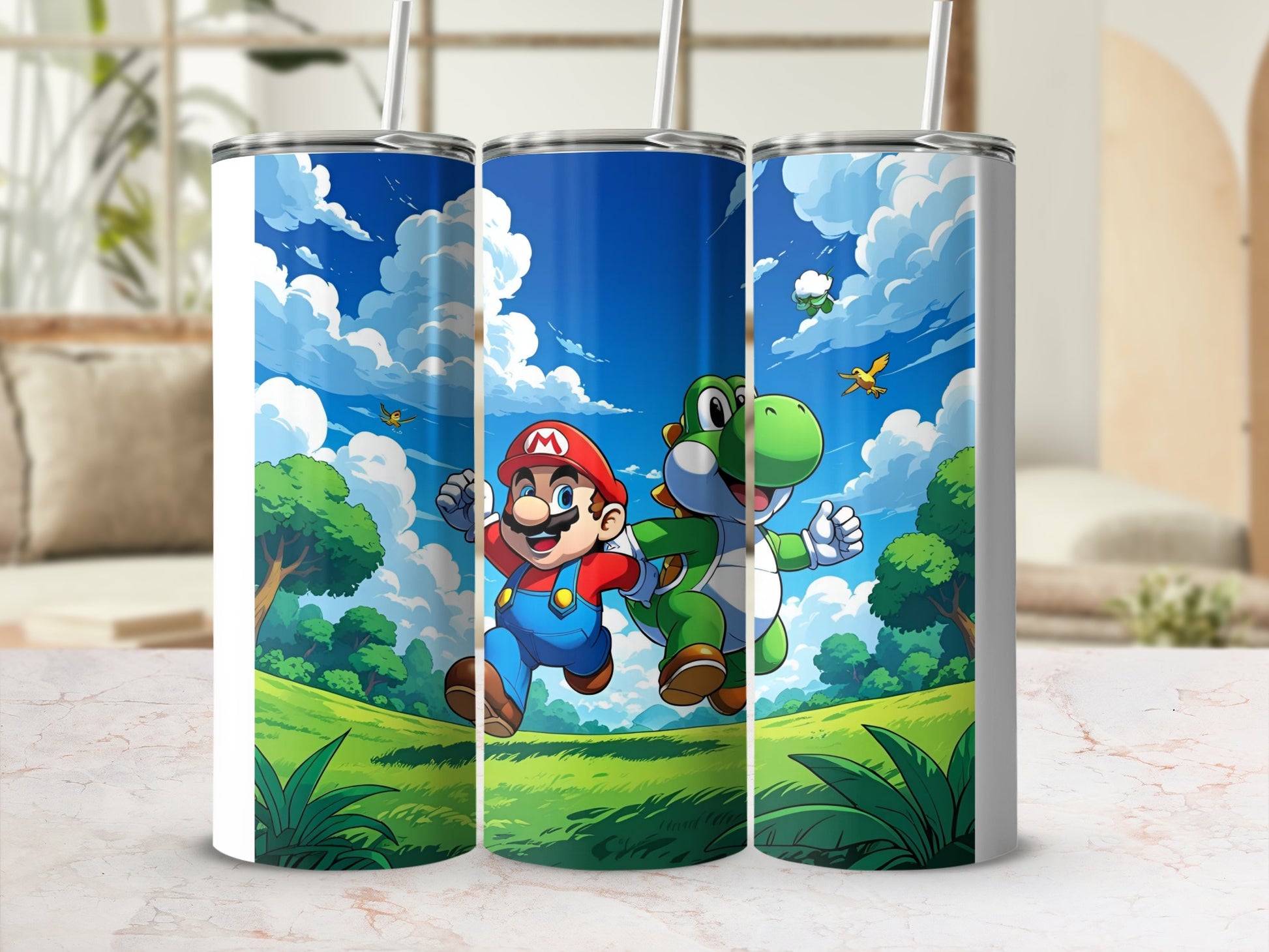 Mario and Yoshi running in a green, grassy landscape under a blue sky.