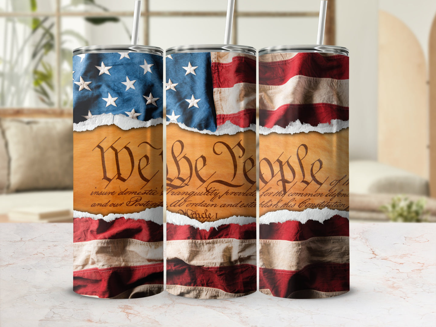 Tumblers with the US Constitution text and American flag design.