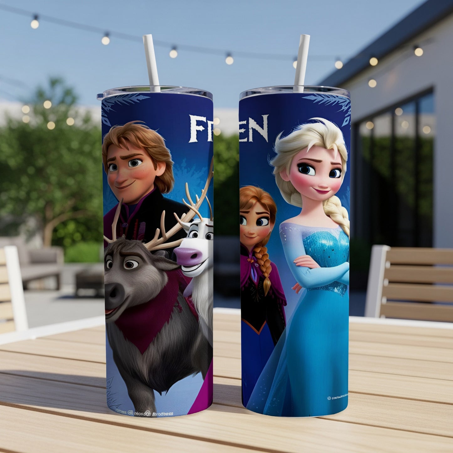 Elsa, Anna, Kristoff, and Sven from Frozen on a blue tumbler.