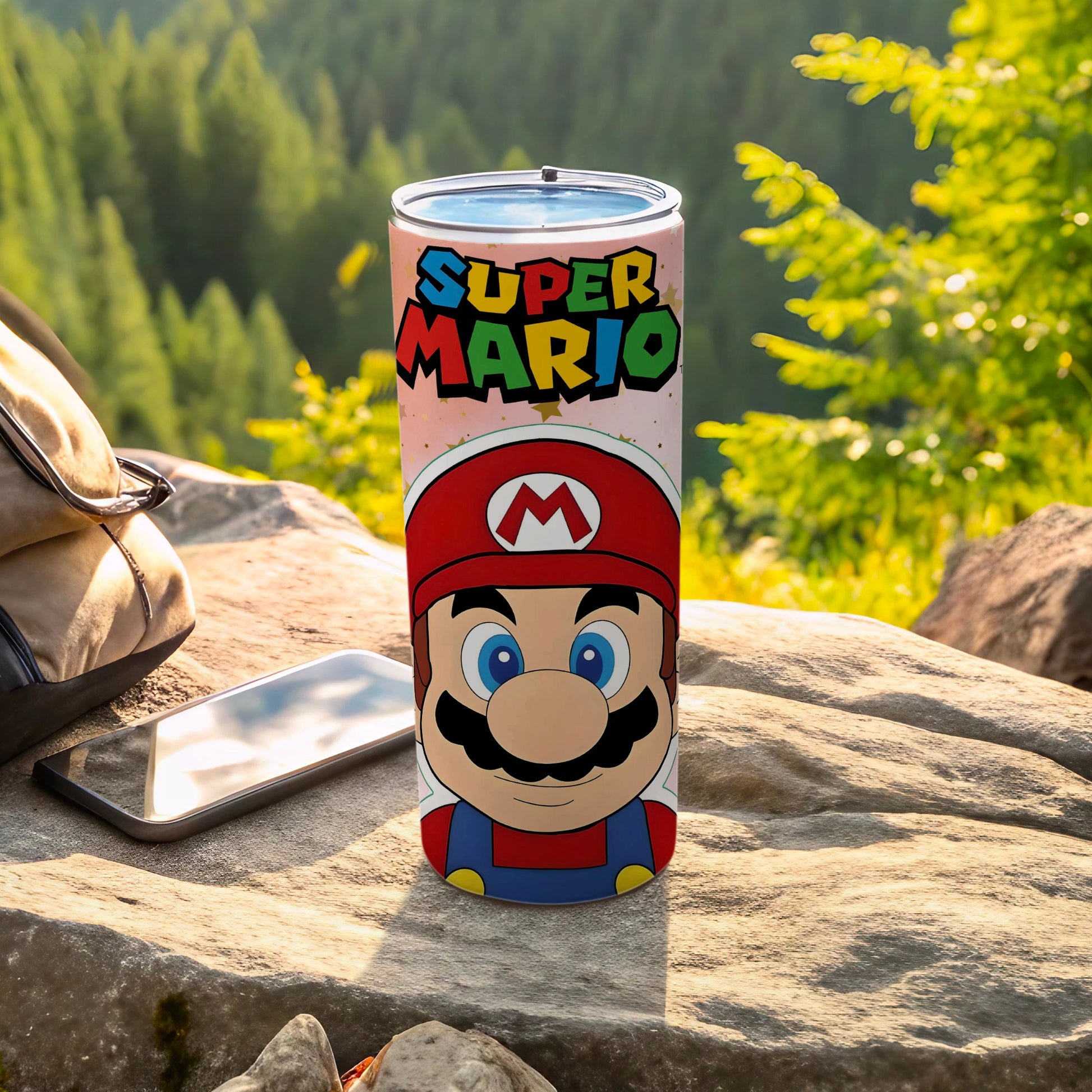 Super Mario themed travel tumbler with cartoon design