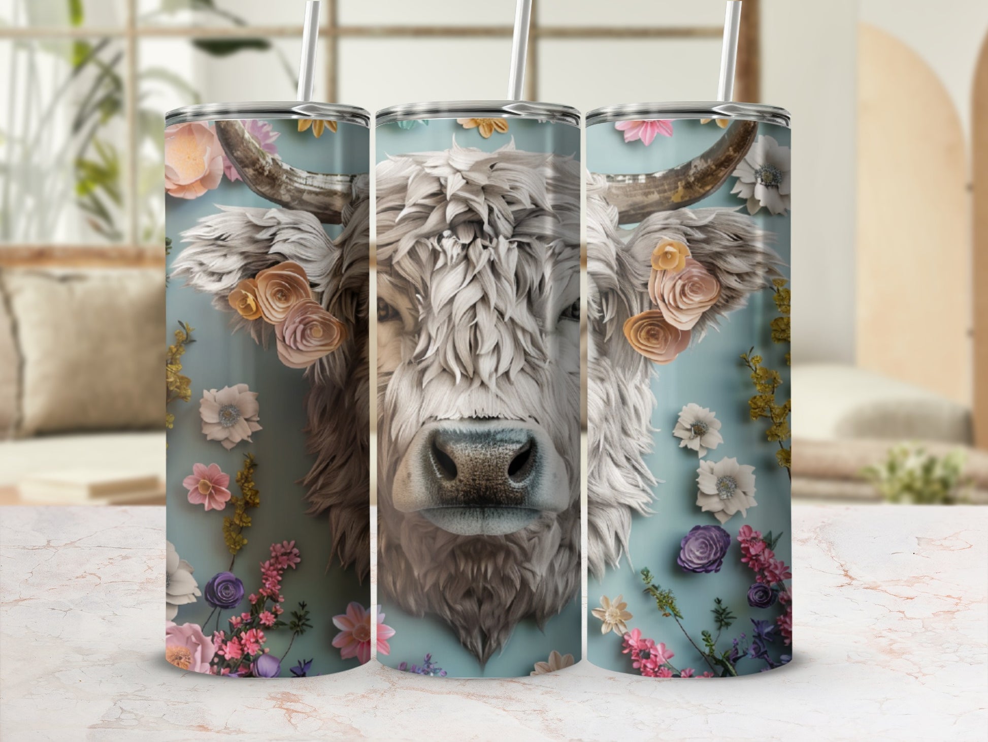 White Highland cow with floral accents on a blue background.