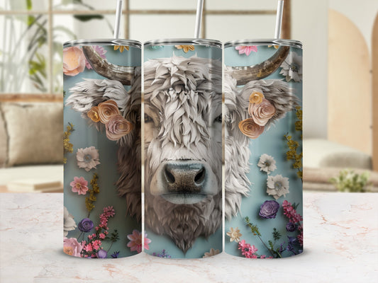 White Highland cow with floral accents on a blue background.