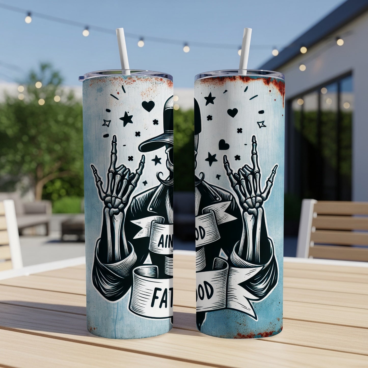 Skeleton in hat and leather jacket making rock on gesture on tall blue tumbler.