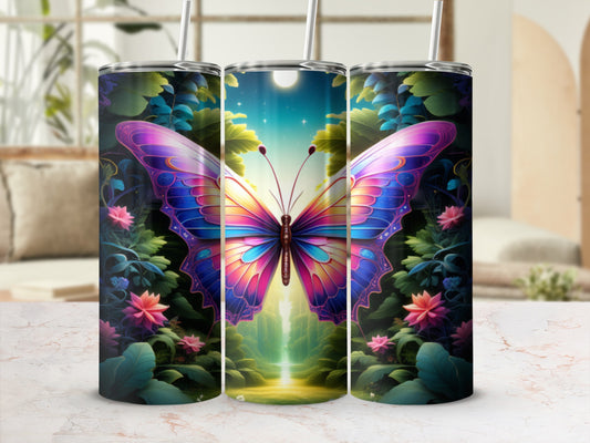 Butterfly on floral background with moon and trees.