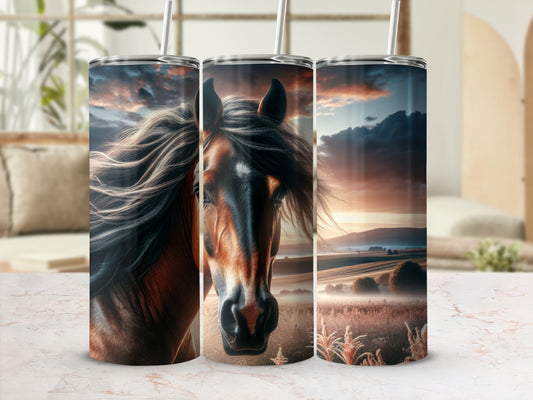 Three horse tumblers with sunset landscape design.