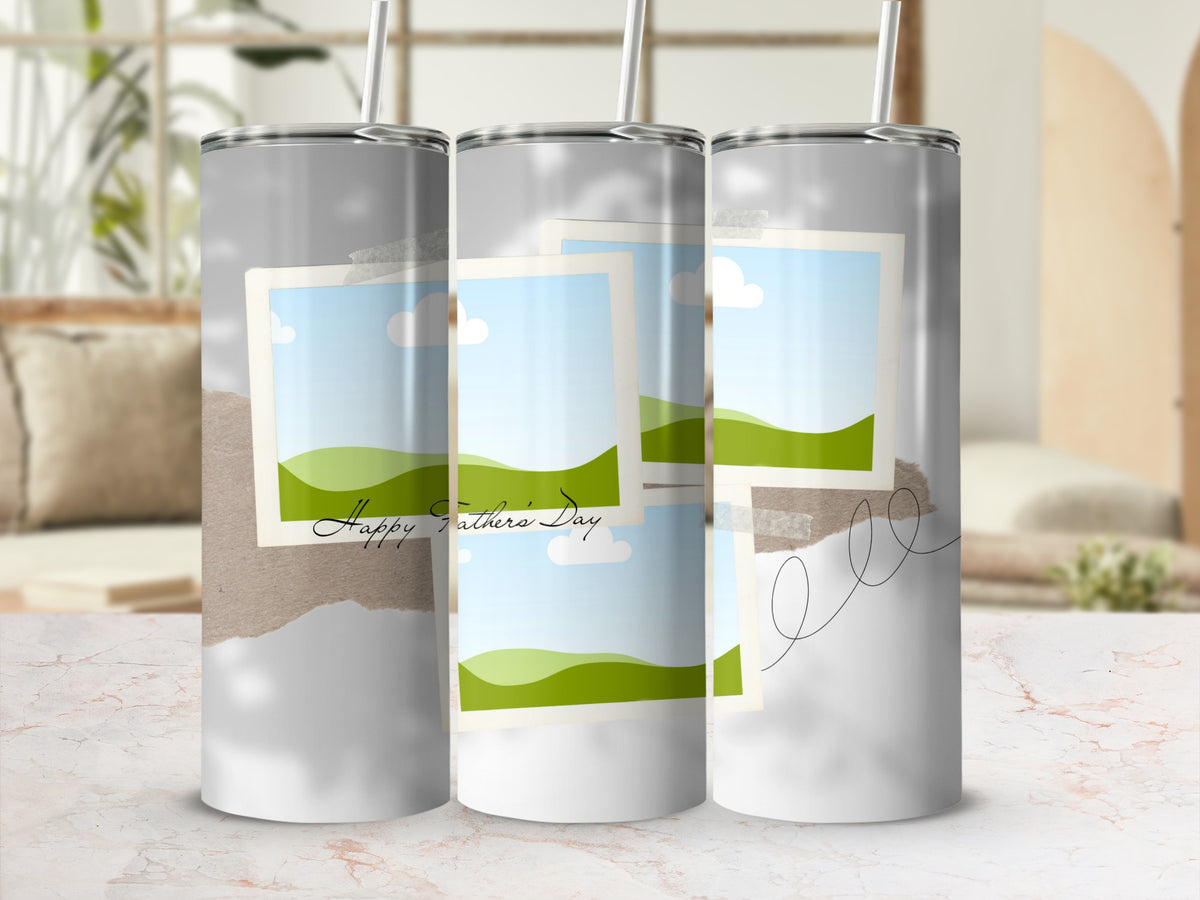 Three tumblers with a "Happy Father's Day" design and photo frame elements.