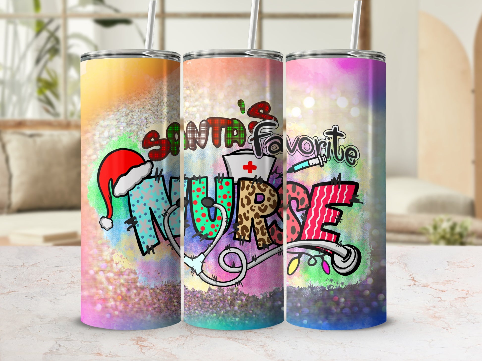 Santa's Favorite Nurse tumbler with colorful festive design.