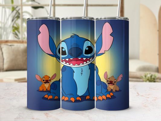 Blue Stitch character with two smaller Stitch figures on a dark blue background.