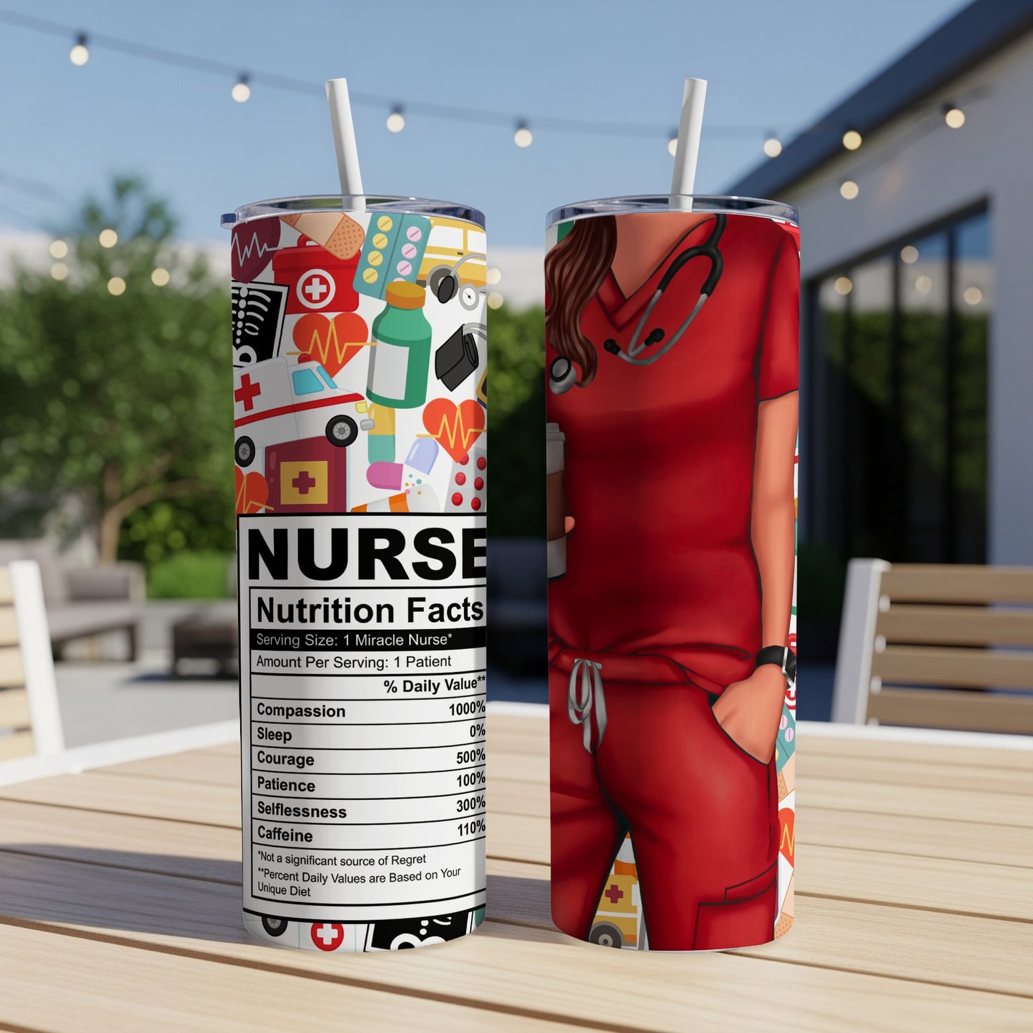 Nurse tumbler with nutritional facts panel and graphic elements.