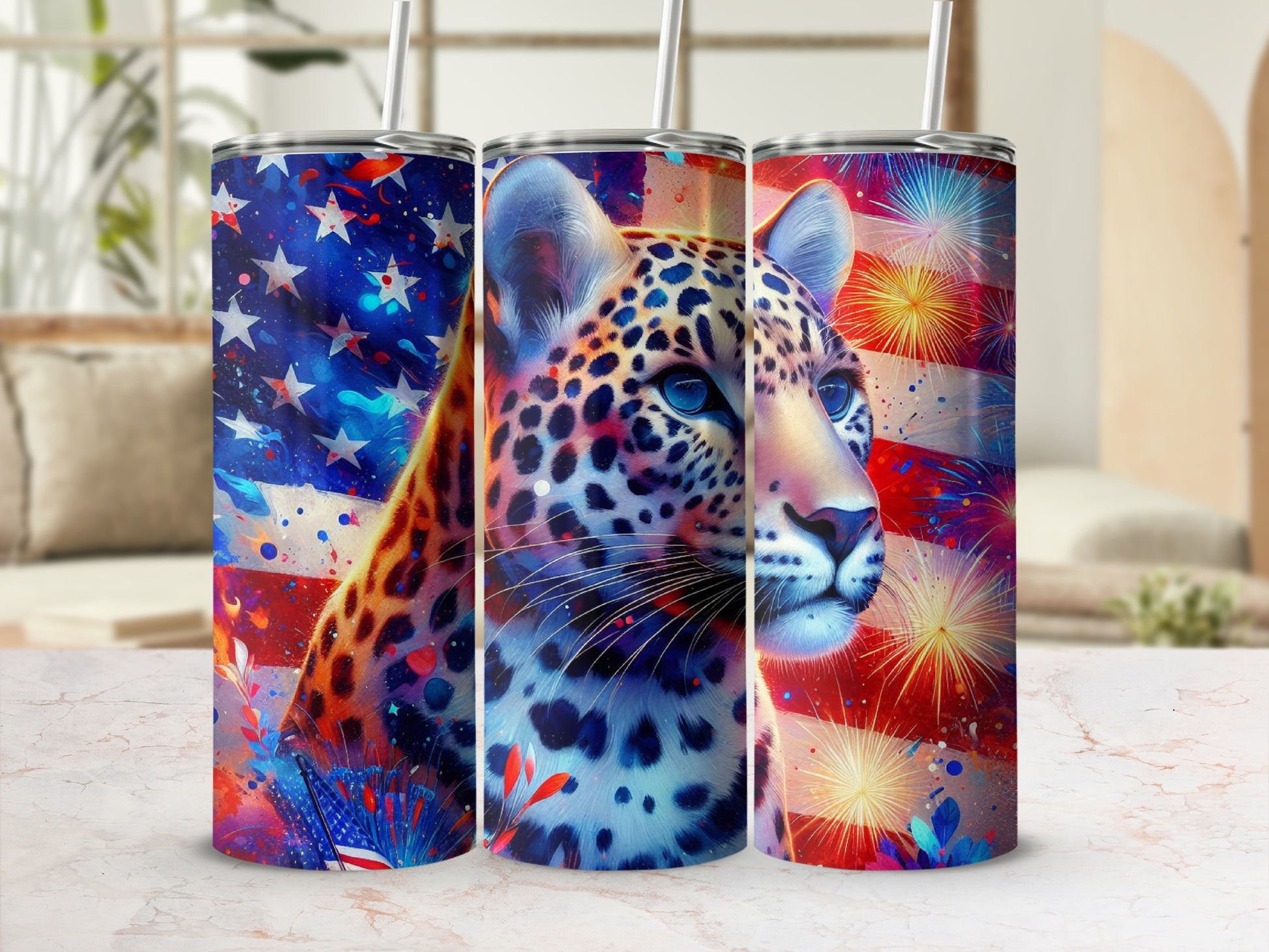 Leopard portrait with patriotic fireworks and stars pattern on a tumbler.
