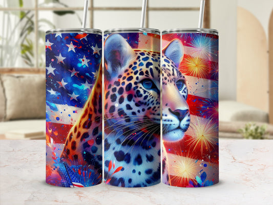 Leopard portrait with patriotic fireworks and stars pattern on a tumbler.