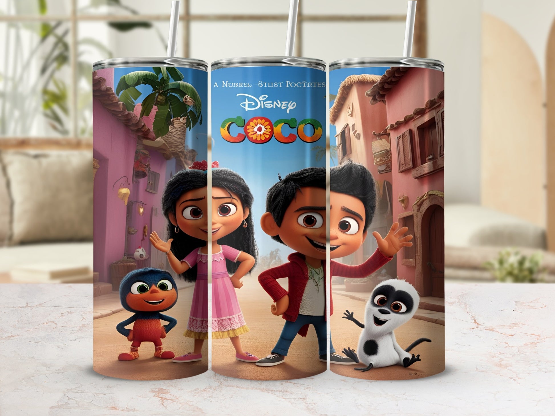 Coco movie characters Miguel, Hector, and Dante with a brightly colored Mexican village background.