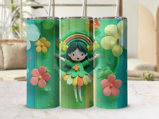 Green tumbler with a cartoon girl, rainbow, and flowers.