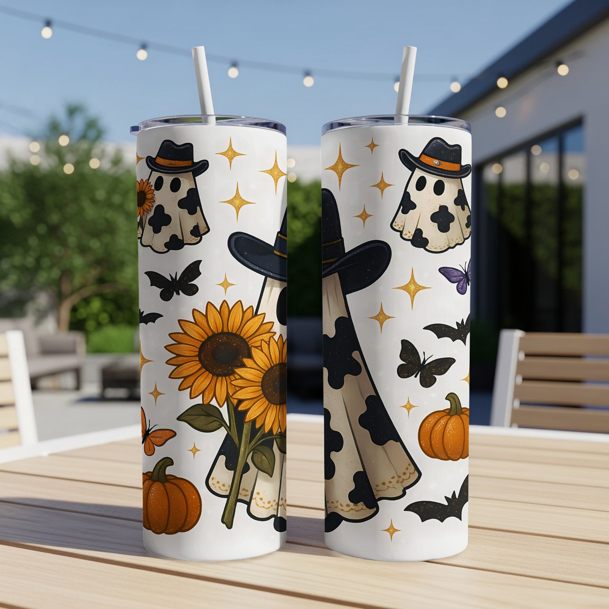 Two white tumblers with Halloween ghost, sunflower, pumpkin, and butterfly designs.