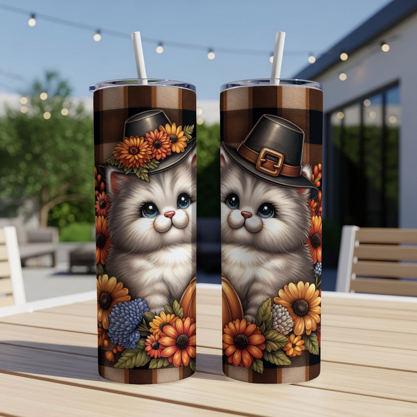 Two tumblers featuring fluffy kittens wearing hats and surrounded by autumn flowers.