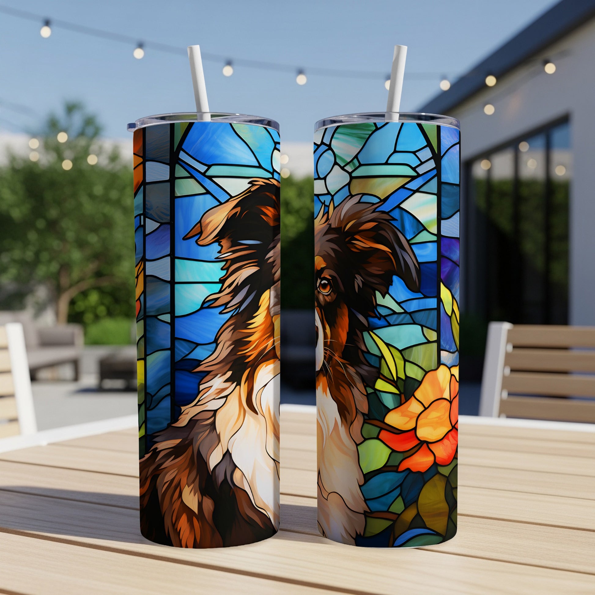 Stained glass style portrait of a dog on two tumblers.