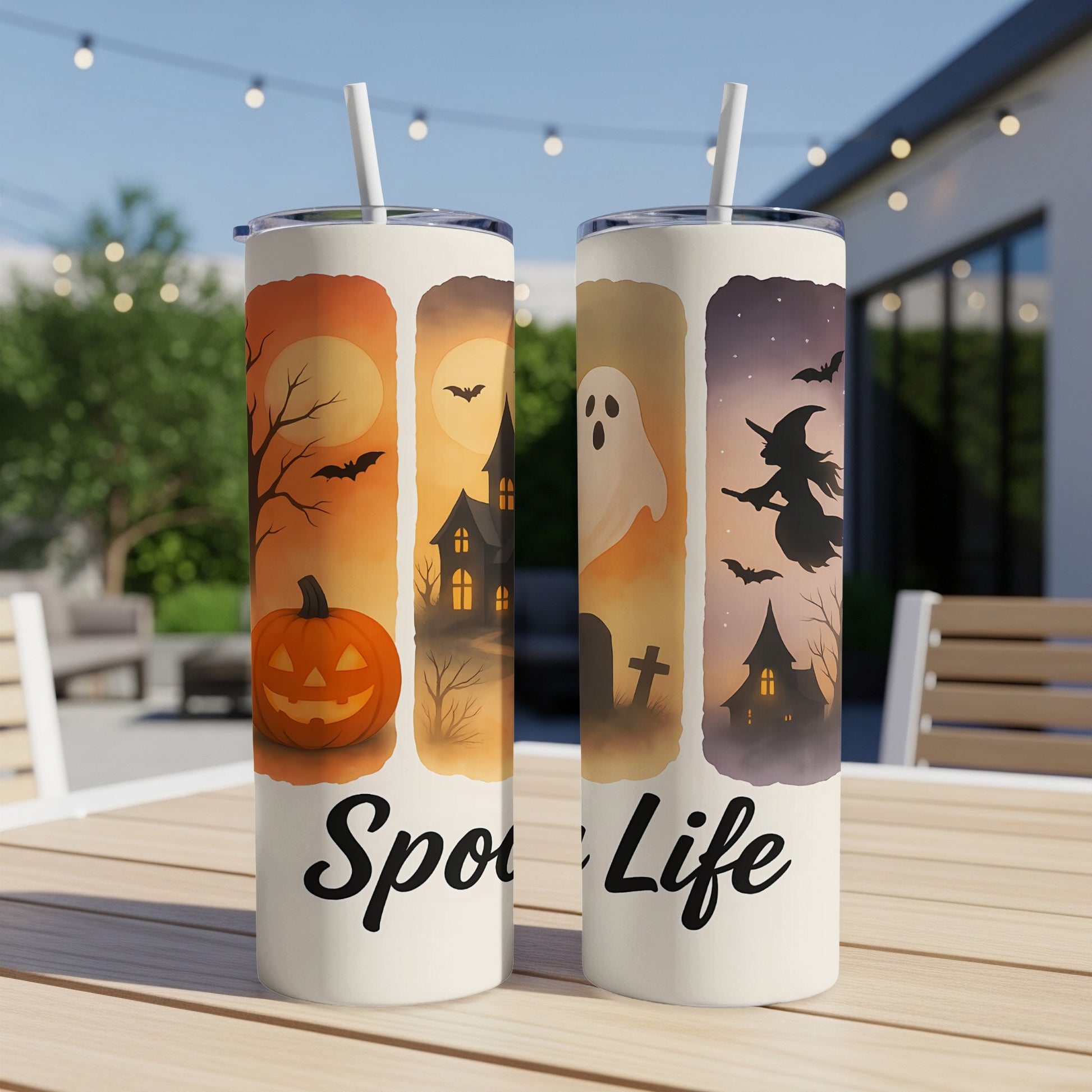 Two tumblers with Halloween graphics and "Spooky Life" text on a table.