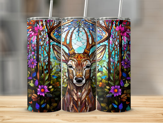Stained glass-style deer surrounded by colorful floral trees.