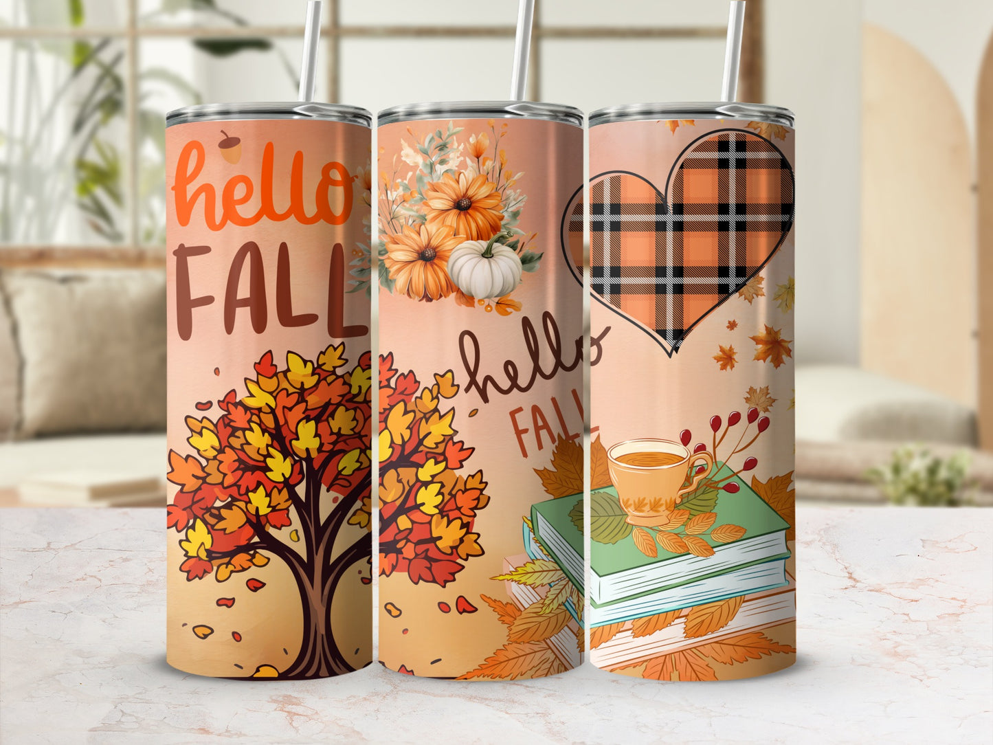 Hello Fall Seasonal Autumn Design on Tumbler Cups