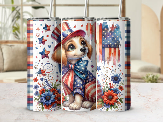 Dog in patriotic outfit and hat with flag and floral accents.