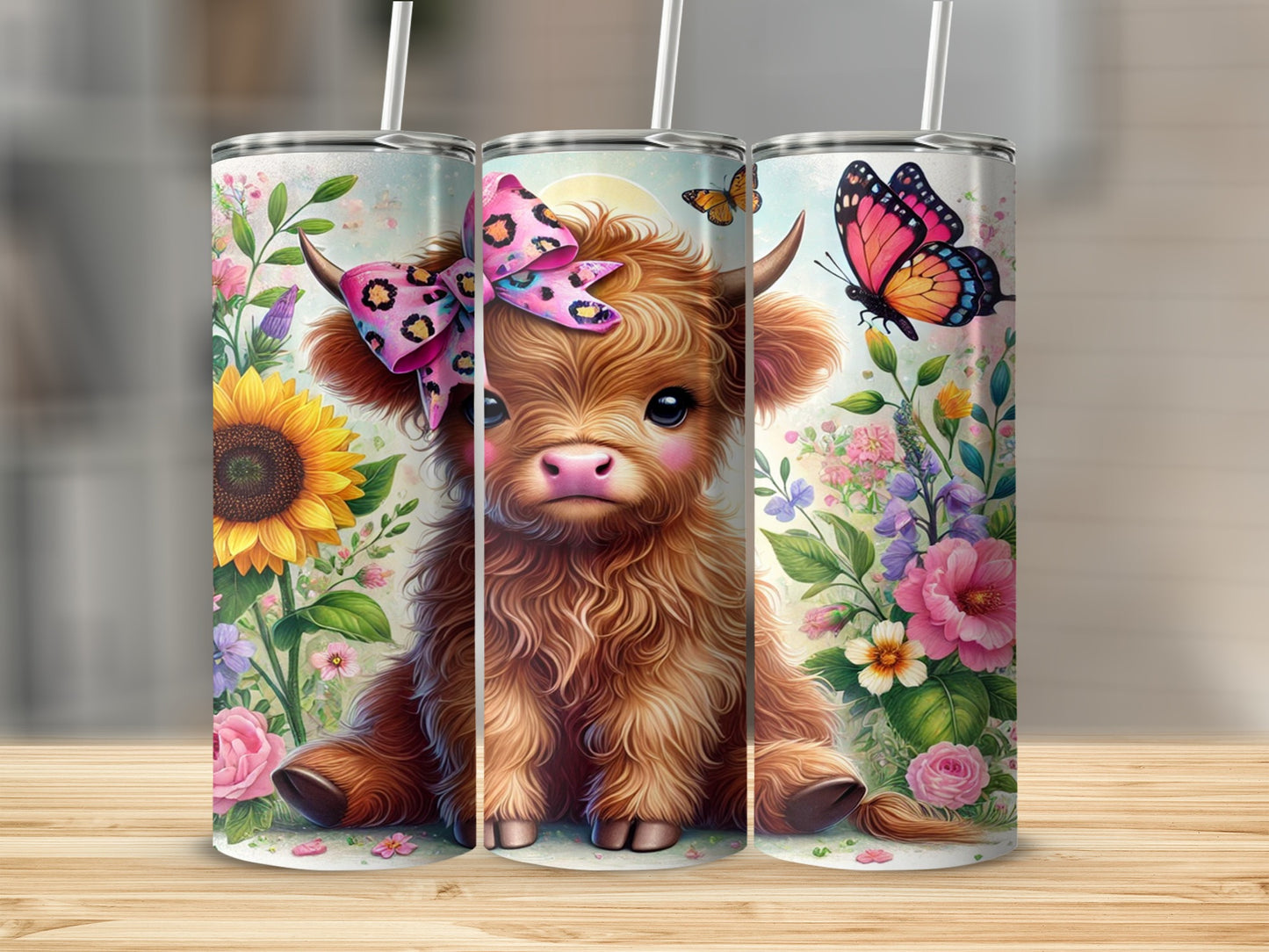 Adorable Highland Cow with Flowers and Butterflies Tumbler