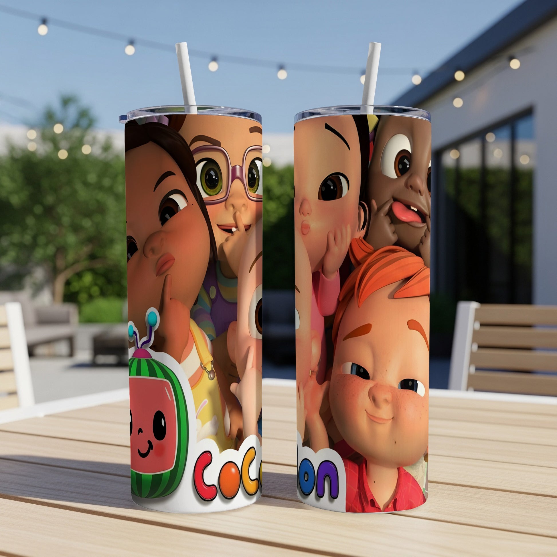 Cocomelon characters JJ, Cody, and Nina on two white tumblers.
