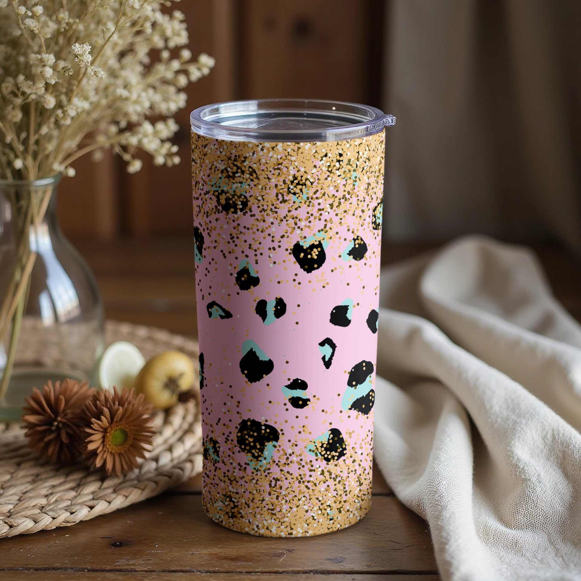 Stylish Pink Leopard Print Glitter Tumbler Cup